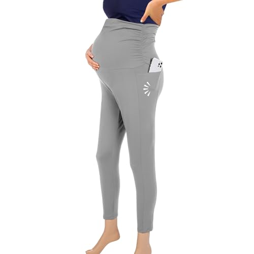 Maternity Leggings with Pockets, Over the Belly Pregnancy Yoga Pants - color: Dark Gray, size: Large