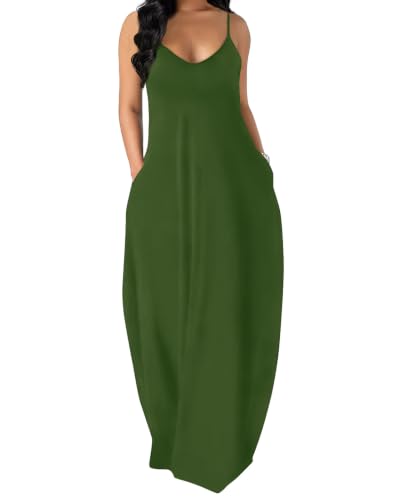 OFEEFAN Women's Maxi Dresses Summer Spaghetti Strap Dress with Pockets - color: Ae- Army Green, size: Medium