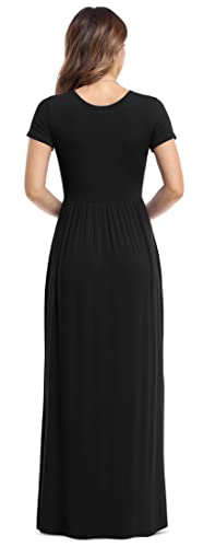 VIISHOW Women's Short Sleeve Loose Plain Maxi Dresses Casual Long Dresses with Pockets - color: Black, size: Small