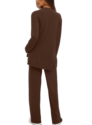 Darong Womens 2 Piece Fall Lounge Sets Oversized Tops Wide Leg Pants - color: Coffee, size: X-Large