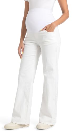 V VOCNI Maternity Jeans Straight Leg Pregnancy Wide Leg Denim Pants - color: White, size: Medium