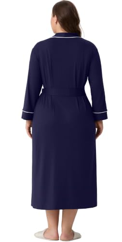 OLRIK Womens Plus Size Robe Long Knit Bathrobe V Neck Loungewear - color: Navy Blue, size: 3X