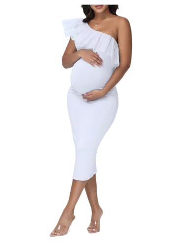 OYOANGLE Women's Maternity Ruffle One Shoulder Dress Bodycon Midi Dresses - color: White, size: X-Large