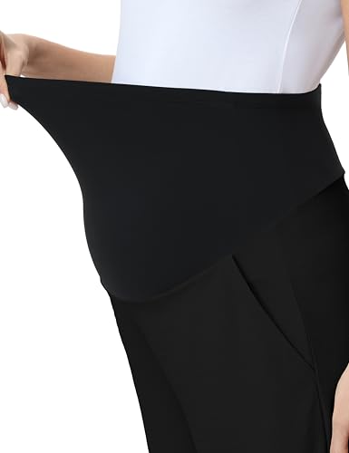 Maternity Capris Wide Leg Pregnancy Cropped Pants - color: Black, size: Large