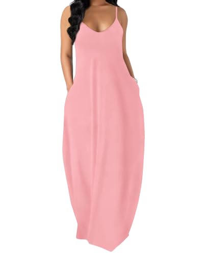 OFEEFAN Women's Maxi Dresses Summer Spaghetti Strap Dress with Pockets - color: Ab- Pink, size: X-Large