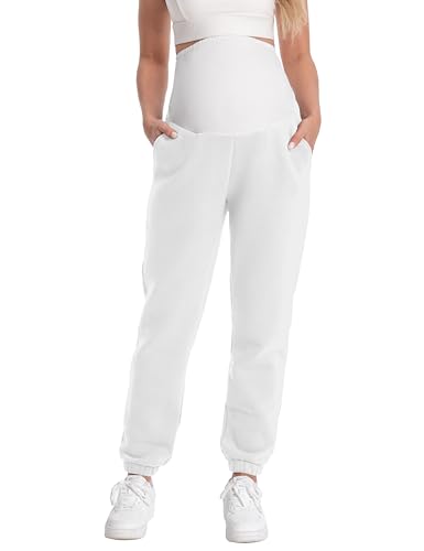 Maternity Joggers Stretchy Pregnancy Sweatpants - color: White, size: Medium