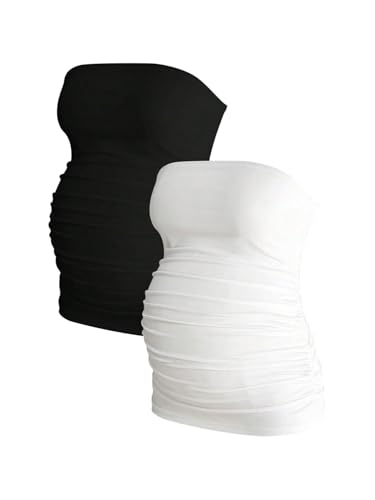 MakeMeChic Women's Maternity Tops 2 Pack Strapless Tube Tops Fall Outfits - color: Black and White, size: Medium