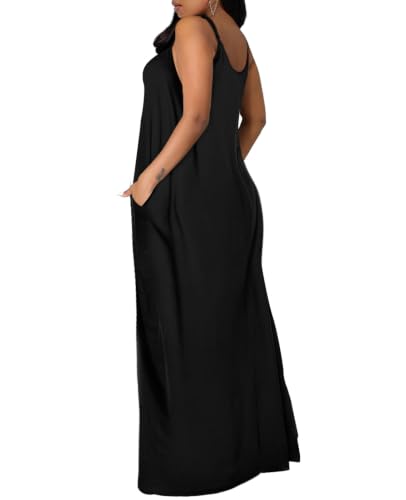OFEEFAN Women's Maxi Dresses Summer Spaghetti Strap Dress with Pockets - color: Aablack, size: XX-Large