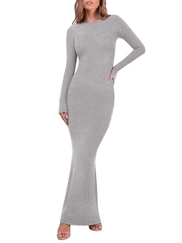 REORIA Women's Long Sleeve Ribbed Bodycon Maxi Dresses - color: Linght Grey, size: Medium