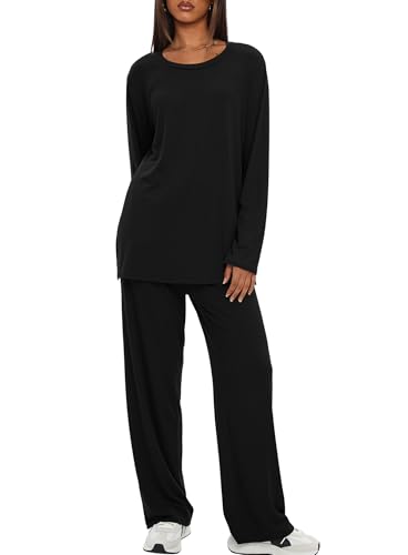 Darong Womens 2 Piece Fall Lounge Sets Oversized Tops Wide Leg Pants - color: Black, size: X-Large