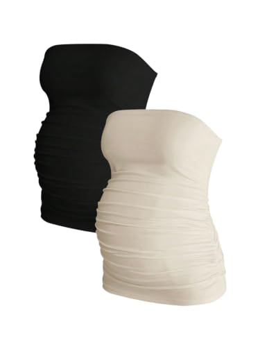 MakeMeChic Women's Maternity Tops 2 Pack Strapless Tube Tops Fall Outfits - color: Black and Khaki, size: Medium