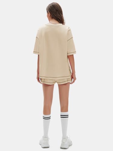 EXLURA Womens Short Sets 2 Piece Outfits Summer 100% Cotton Matching Set - color: Apricot, size: X-Large