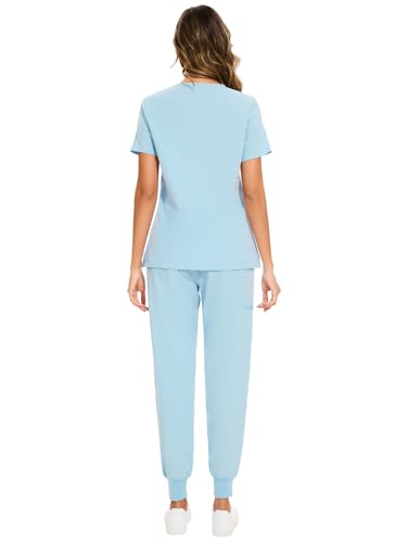 COZYFIT Scrubs for Women Set - Stretch V-Neck & Jogger Pant with 9 Pockets - color: Baby Blue, size: Medium-Tall