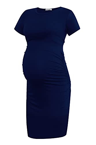 Smallshow Women's Short Sleeve Maternity Dress Ruched Pregnancy Clothes - color: Navy, size: Medium