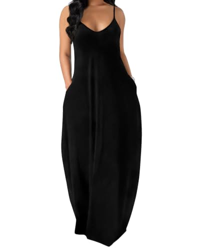 OFEEFAN Women's Maxi Dresses Summer Spaghetti Strap Dress with Pockets - color: Aablack, size: 3X-Large