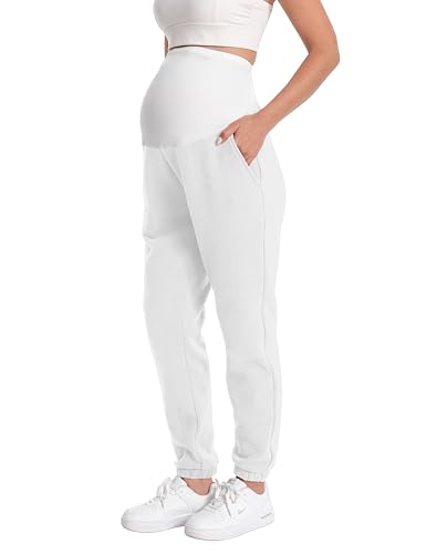 Maternity Joggers Stretchy Pregnancy Sweatpants - color: White, size: Medium