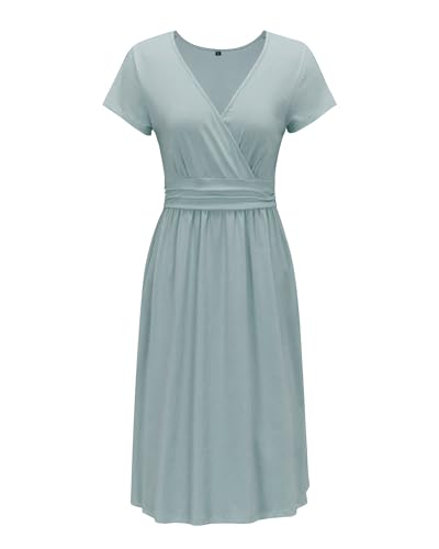 OUGES Casual Summer Dress for Women Wrap V Neck A Line Midi Dresses with Pockets - color: Blue, size: Large