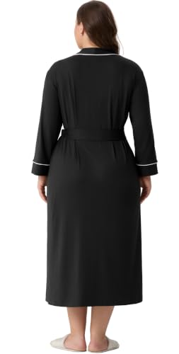 OLRIK Womens Plus Size Robe Long Knit Bathrobe V Neck Loungewear - color: Black, size: 4X