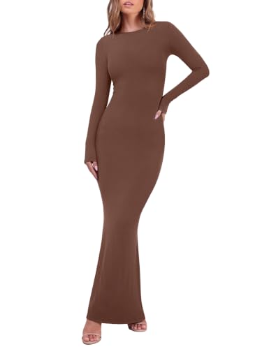 REORIA Women's Long Sleeve Ribbed Bodycon Maxi Dresses - color: Coffee, size: X-Large
