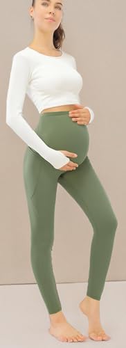 JOYSPELS Smooth Feeling Maternity Workout Leggings with Pockets Pregnancy Pants Over The Belly - color: Greyish Green, size: Small