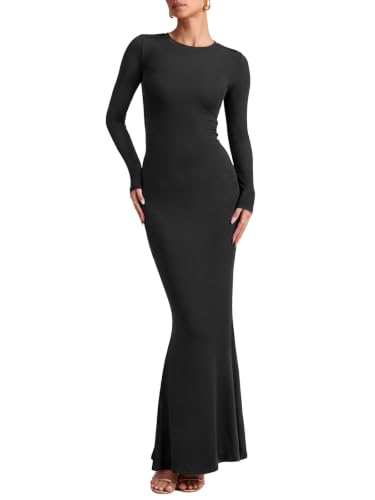 REORIA Women's Long Sleeve Ribbed Bodycon Maxi Dresses - color: Black, size: X-Large