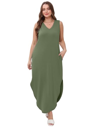 Sampeel Summer Dresses Maxi Dress Vacation Beach Sundresses 2025 with Pockets - color: Army Green, size: Small