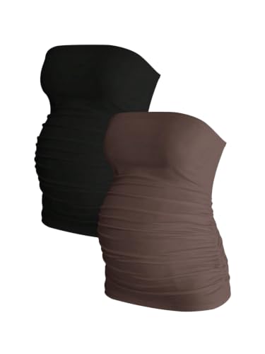 MakeMeChic Women's Maternity Tops 2 Pack Strapless Tube Tops Fall Outfits - color: Coffee Brown, size: Medium