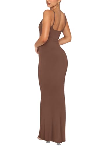 REORIA Women's Basic Sexy Lounge Slip Long Dress Elegant Sleeveless Backless Ribbed Bodycon Maxi Dresses - color: Coffee, size: Small