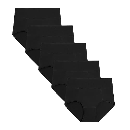 POKARLA Womens Cotton Underwear High Waist Full Coverage Briefs Soft Breathable Postpartum Panties Stretch Underpants - color: Black02-5pack, size: Large