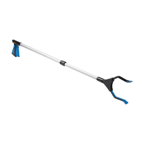 HealthSmart Adjustable Length Reacher Grabber with Rotating Jaw, Contour Grip Handle and 5.5 Inch Jaw Opening, Adjustable Length Design from 30 to 44 Inches with Locking Ring, Blue and Silver