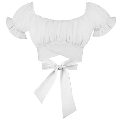 Women's Crop Tops Ruffle Short Sleeve Tie Back Off Shoulder Blouse - color: White, size: X-Small
