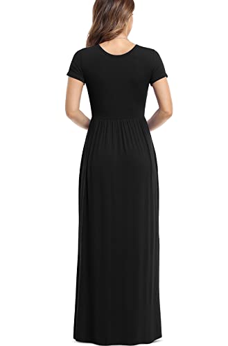 VIISHOW Women's Short Sleeve Loose Plain Maxi Dresses Casual Long Dresses with Pockets - color: Black, size: Small