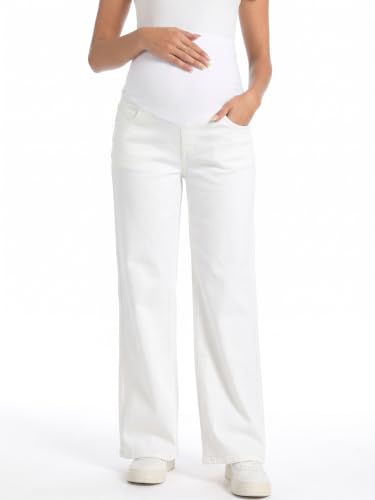 V VOCNI Maternity Jeans Straight Leg Pregnancy Wide Leg Denim Pants - color: White, size: Medium