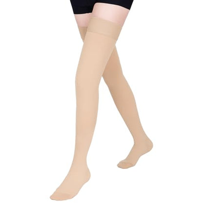 Thigh High Compression Socks for Women & Men 15-20 mmHg, Stockings - color: Beige/Closed Toe, size: 3X-Large