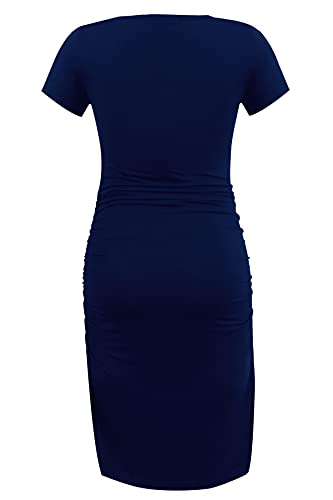 Smallshow Women's Short Sleeve Maternity Dress Ruched Pregnancy Clothes - color: Navy, size: Medium