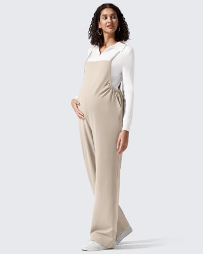 G4Free Maternity Jumpsuits Adjustable Strap Wide Leg Pregnancy Rompers - color: Light Khaki, size: Medium