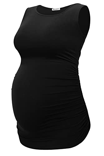 Smallshow Women's Maternity Tank Tops Sleeveless Ruched Pregnancy Clothes 3-Pack - color: Black/Light Grey/Grey Stripe, size: Small