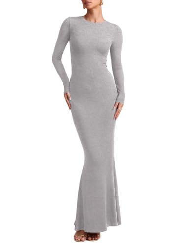 REORIA Women's Long Sleeve Ribbed Bodycon Maxi Dresses - color: Linght Grey, size: Medium