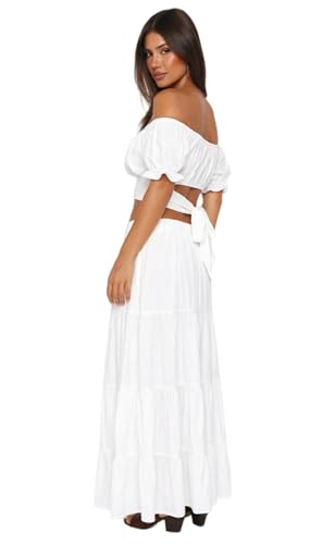 Womens 2 Piece Outfit Boho Summer Vacation Top Maxi Skirt Set - color: White, size: Medium