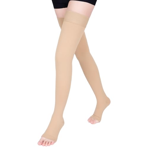Thigh High Compression Socks for Women & Men 15-20 mmHg, Stockings - color: Beige/Open Toe, size: Large