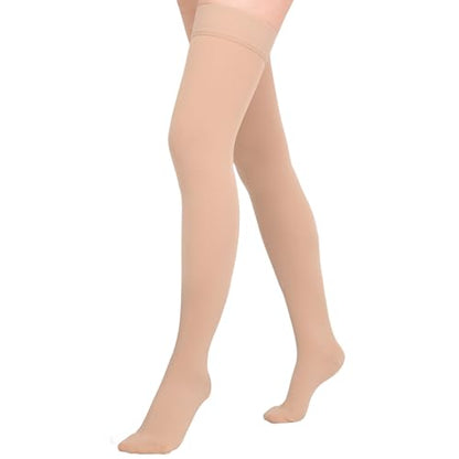 Athbavib 20-30 mmHg Thigh High Compression Stockings for Women Men - color: Closed Toe-Beige, size: Small