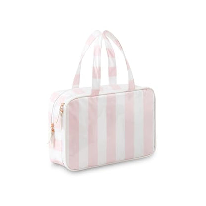 Toiletry Bag for Women, White and Pink Stripe - color: Pink-White