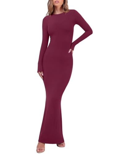 REORIA Women's Long Sleeve Ribbed Bodycon Maxi Dresses - color: Burgundy, size: X-Small
