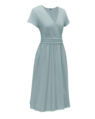 OUGES Casual Summer Dress for Women Wrap V Neck A Line Midi Dresses with Pockets - color: Blue, size: Medium