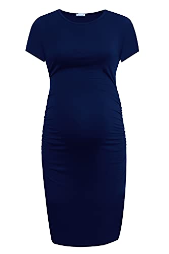 Smallshow Women's Short Sleeve Maternity Dress Ruched Pregnancy Clothes - color: Navy, size: Medium