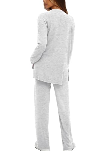 Darong Womens 2 Piece Fall Lounge Sets Oversized Tops Wide Leg Pants - color: White Grey, size: Large