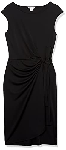 Amazon Essentials Women's Cap Sleeve Boat-Neck Faux Wrap Pleated Matte Jersey Dress - color: Black, size: Large
