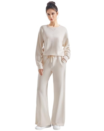 SUUKSESS Women Modal 2 piece outfits Oversized Sweatshirt Wide Leg Pants - color: Apricot, size: Medium