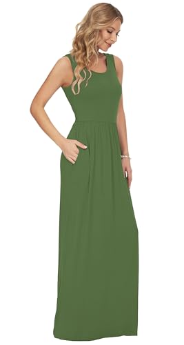 AUSELILY Women's Summer Sleeveless Loose Plain Casual Long Maxi Dresses - color: 01-army Green, size: Medium
