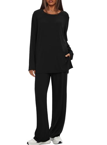 Darong Womens 2 Piece Fall Lounge Sets Oversized Tops Wide Leg Pants - color: Black, size: X-Large